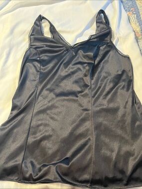 Black Satin V-Neck Camisole with Lace Trim
